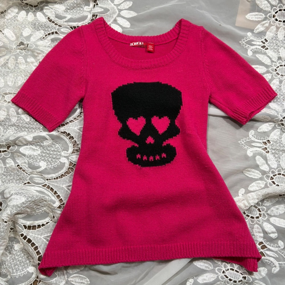 Y2K Grunge Bongo Hot Pink Skull Heart Eye Short Sleeve Knit Sweater XXS Emo